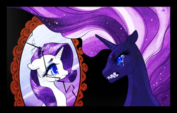 Size: 2186x1403 | Tagged: safe, artist:opalacorn, idw, nightmare rarity, rarity, pony, unicorn, broken mirror, crying, duality, evil, female, good, mirror, sharp teeth, solo, teeth