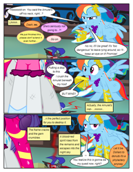 Size: 612x792 | Tagged: safe, artist:christhes, derpibooru import, rainbow dash, rarity, pegasus, pony, unicorn, collaboration, comic:friendship is dragons, alicorn amulet, clothes, comic, crushing, dialogue, dress, female, frown, gala dress, glass slipper (footwear), grin, high heels, implied applejack, implied fluttershy, implied twilight sparkle, injured, laurel wreath, mare, raised hoof, shocked, shoes, show accurate, smiling