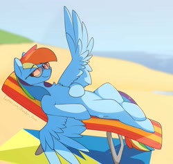 Size: 2773x2626 | Tagged: safe, artist:renderpoint, derpibooru import, rainbow dash, pegasus, pony, beach, beach chair, chair, chest fluff, female, high res, mare, on back, solo, spread wings, sunglasses, wings