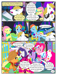 Size: 612x792 | Tagged: safe, artist:christhes, derpibooru import, applejack, fluttershy, pinkie pie, prince blueblood, rainbow dash, rarity, twilight sparkle, unicorn twilight, earth pony, pegasus, pony, unicorn, collaboration, comic:friendship is dragons, clothes, comic, dialogue, dress, eyes closed, female, freckles, gala dress, grin, hat, kicking, laurel wreath, looking back, male, mane six, mare, messy mane, open mouth, shocked, show accurate, smiling, stallion, unshorn fetlocks, wide eyes