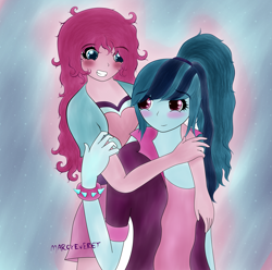 Size: 2723x2696 | Tagged: safe, artist:marcyeveret, pinkie pie, sonata dusk, equestria girls, alternate hairstyle, blushing, bracelet, clothes, female, hug, jewelry, lesbian, looking at each other, pinata (ship), shipping, smiling, spiked wristband, wristband