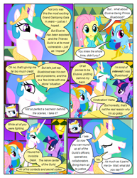 Size: 612x792 | Tagged: safe, artist:newbiespud, derpibooru import, edit, edited screencap, screencap, fluttershy, rainbow dash, rarity, twilight sparkle, unicorn twilight, alicorn, pegasus, pony, unicorn, comic:friendship is dragons, the best night ever, big crown thingy, clothes, comic, dialogue, dress, ethereal mane, eyes closed, female, frown, gala dress, injured, jewelry, laurel wreath, mare, messy mane, regalia, screencap comic, tiara