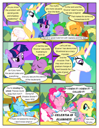 Size: 612x792 | Tagged: safe, artist:newbiespud, derpibooru import, edit, edited screencap, screencap, applejack, fluttershy, pinkie pie, rainbow dash, spike, twilight sparkle, unicorn twilight, alicorn, dragon, earth pony, pegasus, pony, unicorn, comic:friendship is dragons, the best night ever, big crown thingy, braided tail, comic, dialogue, eyes closed, female, freckles, hat, injured, jewelry, laurel wreath, male, mare, messy mane, regalia, screencap comic, smiling