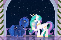 Size: 2736x1800 | Tagged: safe, artist:xodok, princess celestia, princess luna, alicorn, pony, cutie mark, duo, elements of harmony, female, folded wings, looking at each other, mare, new year, royal sisters, sisters, translated in the comments