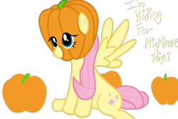 Size: 1800x1200 | Tagged: safe, artist:thelastenforcement, fluttershy, pegasus, pony, cute, food, headdress, hiding, nightmare night, pumpkin, shyabetes, simple background, sitting, solo, speech, spread wings, transparent background