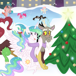 Size: 1013x1000 | Tagged: safe, artist:sunbutt-worshipper, discord, princess celestia, alicorn, pony, christmas, christmas tree, clothes, dislestia, female, holiday, ice, ice skating, male, scarf, shared clothing, shared scarf, shipping, snow, straight, tree