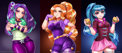Size: 2286x1000 | Tagged: safe, artist:racoonsan, edit, adagio dazzle, aria blaze, sonata dusk, human, equestria girls, rainbow rocks, adagiazonga dazzle, adoragio, adorasexy, anime, aria bazookas, ariabetes, belt, bracelet, breasts, busty dazzlings, clothes, curvy, cute, eyeshadow, female, fingerless gloves, food, gem, gloves, hand on hip, hips, hourglass figure, humanized, jewelry, leggings, looking at you, looking down, makeup, moe, nail polish, pants, pigtails, ponytail, raised eyebrow, sexy, siren gem, skirt, smiling, sonata bust, sonatabetes, sonataco, spiked wristband, stupid sexy sonata dusk, taco, that girl sure loves tacos, the dazzlings, tongue out, trio, trio female, twintails, wristband