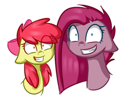 Size: 1024x785 | Tagged: safe, artist:despotshy, apple bloom, pinkie pie, earth pony, pony, fanfic:cupcakes, messy mane, pinkamena diane pie, simple background, snapple bloom, transparent background