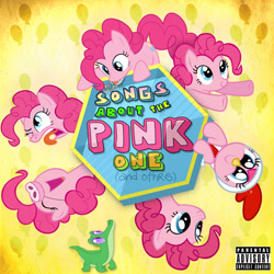 Size: 1080x1080 | Tagged: safe, artist:poowis, gummy, pinkie pie, earth pony, pony, album, album cover, animal costume, chicken pie, chicken suit, clothes, costume, cover art, multeity, parental advisory, too much pink energy is dangerous