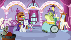 Size: 1280x720 | Tagged: safe, screencap, rarity, sludge (g4), spike, dragon, pony, unicorn, father knows beast, bruised, female, male, mare, wheelchair, winged spike