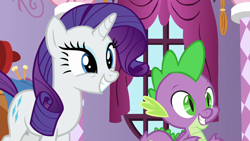 Size: 1280x720 | Tagged: safe, screencap, rarity, spike, dragon, pony, unicorn, father knows beast, female, horn, male, mare