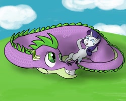 Size: 1000x800 | Tagged: source needed, safe, artist:sixes&sevens, rarity, spike, dragon, pony, unicorn, female, inktober, inktober 2018, male, older, older spike, outdoors, shipping, size difference, sparity, straight