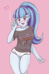 Size: 2244x3341 | Tagged: safe, artist:sumin6301, sonata dusk, equestria girls, blushing, clothes, cute, heart, open mouth, peace sign, pink background, shirt, shorts, simple background, sonatabetes, wwe