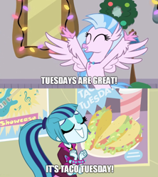 Size: 888x999 | Tagged: safe, screencap, silverstream, sonata dusk, equestria girls, rainbow rocks, the hearth's warming club, food, meme, sonataco, spread wings, taco, taco tuesday, wings