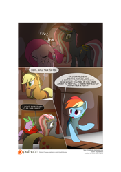 Size: 3541x5016 | Tagged: safe, artist:gashiboka, applejack, pinkie pie, rainbow dash, spike, oc, oc:night star, dragon, earth pony, pegasus, pony, unicorn, comic:recall the time of no return, comic, older, older spike, patreon, patreon logo, pinkamena diane pie, sad