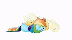 Size: 2560x1440 | Tagged: safe, artist:doqwor, applejack, rainbow dash, earth pony, pegasus, pony, appledash, cute, female, lesbian, shipping, sleeping