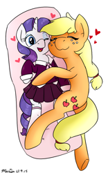 Size: 626x1001 | Tagged: safe, artist:melodicmarzipan, applejack, rarity, earth pony, pony, unicorn, body pillow, clothes, eyes closed, female, heart, implied shipping, lesbian, rarijack, school uniform, shipping, simple background, solo, white background