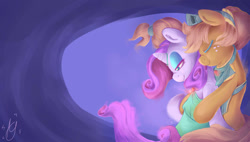 Size: 1280x725 | Tagged: safe, artist:aquaticsun, applejack, rarity, earth pony, pony, unicorn, clothes, dress, female, hug, lesbian, rarijack, shipping