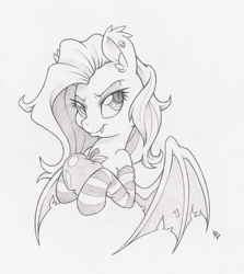 Size: 893x1000 | Tagged: safe, artist:dfectivedvice, fluttershy, bat pony, pony, apple, bust, clothes, flutterbat, food, grayscale, monochrome, race swap, simple background, socks, solo, striped socks, traditional art, white background