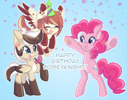 Size: 6300x5000 | Tagged: safe, artist:indiefoxtail, pinkie pie, oc, earth pony, pegasus, pony, absurd resolution, bipedal, cute, diapinkes, happy birthday, hat, ocbetes, party hat