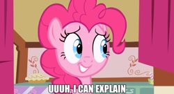 Size: 887x483 | Tagged: safe, edit, edited screencap, screencap, pinkie pie, earth pony, pony, caption, i can explain, image macro, meme, reaction image, spongebob squarepants, sweat