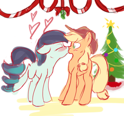 Size: 1280x1200 | Tagged: safe, artist:sketchbox, applejack, coloratura, earth pony, pony, blushing, christmas, christmas tree, eyes closed, female, heart, kissing, lesbian, mistletoe, rarajack, shipping, tree