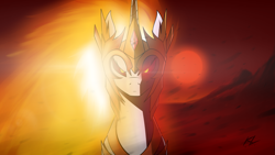 Size: 3839x2159 | Tagged: safe, artist:draftthefilmmaker-kl, derpibooru import, daybreaker, pony, bust, high res, portrait, red sclera, solo, sun, wallpaper