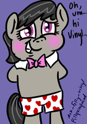 Size: 1008x1440 | Tagged: safe, artist:radhannah, octavia melody, earth pony, pony, 30 minute art challenge, bipedal, blushing, boxers, clothes, underwear