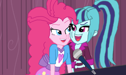 Size: 2000x1191 | Tagged: safe, artist:ktd1993, pinkie pie, sonata dusk, equestria girls, clothes, female, lesbian, looking at each other, microphone, open mouth, piano, pinata (ship), shipping