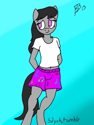 Size: 480x640 | Tagged: safe, artist:sdych, octavia melody, anthro, 30 minute art challenge, belly button, bipedal, boxers, clothes, midriff, shirt, shorts, underwear