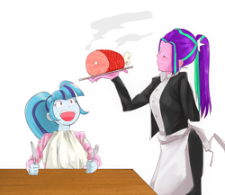 Size: 2246x1953 | Tagged: safe, artist:amazingpuffhair, aria blaze, sonata dusk, equestria girls, ariabetes, cute, eyes closed, female, food, fork, ham, knife, meat, open mouth, sonatabetes, waitress