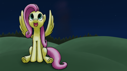 Size: 3840x2160 | Tagged: safe, artist:bill-the-pony, fluttershy, pegasus, pony, looking up, night, open mouth, sitting, solo, spread wings, stargazing