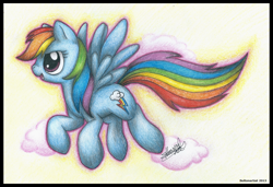 Size: 1162x796 | Tagged: safe, artist:boltonartist, derpibooru import, rainbow dash, pegasus, pony, cloud, female, flying, mare, solo, traditional art