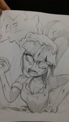 Size: 2340x4160 | Tagged: safe, artist:초보놀이, sonata dusk, zombie, equestria girls, black and white, cross-eyed, drool, grayscale, monochrome, solo, sonataco, speech bubble, traditional art, translated in the description
