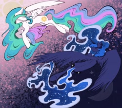 Size: 4508x4000 | Tagged: safe, artist:alpakachii, princess celestia, princess luna, alicorn, pony, duo, eyes closed, female, flying, mare, moon, princess, royalty, sun, wings