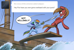 Size: 1176x800 | Tagged: safe, artist:almaska, derpibooru import, rainbow dash, oc, oc:pun, pegasus, pony, ask, ask pun, bipedal, pirate dash, ship, sword, walking the plank, weapon