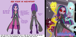 Size: 2632x1280 | Tagged: safe, artist:succubi samus, adagio dazzle, aria blaze, sonata dusk, absolute cleavage, alternate universe, breasts, cleavage, dazzling, equestrian city, gem, jewel, red eyes, reference sheet, scar, sheet, show accurate, siren gem, souls, the dazzlings, villainess
