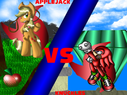 Size: 2000x1500 | Tagged: safe, artist:crossovergamer, applejack, earth pony, pony, apple, bipedal, crossover, food, knuckles the echidna, lasso, master emerald, rope, sonic the hedgehog (series)