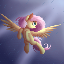 Size: 2000x2000 | Tagged: safe, artist:vanillaghosties, fluttershy, pegasus, pony, flying, rain, solo