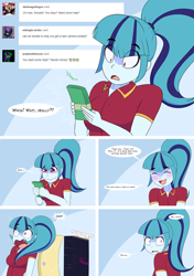 Size: 2032x2890 | Tagged: safe, artist:jase1505, aria blaze, sonata dusk, series:dusk oceanos, equestria girls, blushing, comic, crying, cute, door, eyes closed, high res, money, oh no, present, sonatabetes, surprised, tearing up, tears of joy