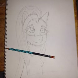 Size: 640x640 | Tagged: safe, artist:beatsubi, fluttershy, pegasus, pony, drawing, eye, eyes, monochrome, pencil drawing, scratches, scratching, solo, traditional art