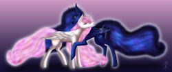 Size: 1024x434 | Tagged: safe, artist:charliegray99, princess celestia, princess luna, alicorn, bat pony, bat pony alicorn, pony, alternate hairstyle, alternate universe, fangs, female, gradient background, hug, mare, pink-mane celestia, race swap