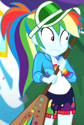 Size: 619x915 | Tagged: safe, derpibooru import, screencap, rainbow dash, better together, equestria girls, sunset's backstage pass!, cap, clothes, cropped, female, guitar, hat, jacket, musical instrument, outdoors, paddle, ponytail, rainbow dash's paddle, shorts, shrunken pupils, solo