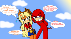 Size: 1069x589 | Tagged: safe, artist:prettycelestia, artist:rannaneko, applejack, anthro, appleknux, crossover, knuckles the echidna, shipping, sonic the hedgehog (series), sonicified