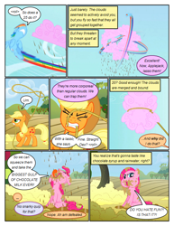 Size: 612x792 | Tagged: safe, artist:newbiespud, derpibooru import, edit, edited screencap, screencap, applejack, pinkie pie, rainbow dash, earth pony, pegasus, pony, comic:friendship is dragons, the return of harmony, ..., angry, chocolate, chocolate milk, cloud, comic, cotton candy, dialogue, eating, eyes closed, female, flying, freckles, glare, gritted teeth, hat, implied rarity, implied twilight sparkle, lasso, licking, licking lips, looking up, mare, messy eating, messy mane, milk, motion blur, mouth hold, open mouth, puffy cheeks, rope, screencap comic, tongue out, wet mane