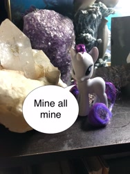 Size: 3024x4032 | Tagged: safe, rarity, pony, brushable, crystal, greedity, irl, photo, speech bubble, toy