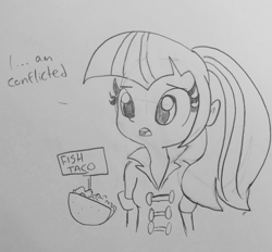Size: 1227x1138 | Tagged: safe, artist:tjpones, sonata dusk, equestria girls, rainbow rocks, clothes, dialogue, female, food, lineart, monochrome, ponytail, shirt, simple background, sketch, solo, sonataco, taco, that girl sure loves tacos, traditional art