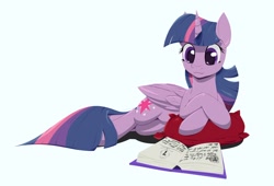 Size: 2930x1997 | Tagged: safe, artist:zombie-burrito, derpibooru import, twilight sparkle, twilight sparkle (alicorn), alicorn, pony, book, female, mare, pillow, reading, solo