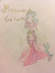 Size: 1024x1365 | Tagged: safe, artist:seriousponylovers, princess celestia, human, clothes, dress, eyes closed, gala dress, pink, pretty, solo, traditional art