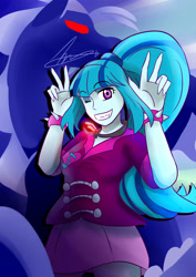 Size: 2893x4092 | Tagged: safe, artist:mantarwolf, sonata dusk, siren, equestria girls, rainbow rocks, double peace sign, fangs, female, gem, looking at you, one eye closed, peace sign, ponytail, siren gem, smiling, solo, spiked wristband, wink, wristband